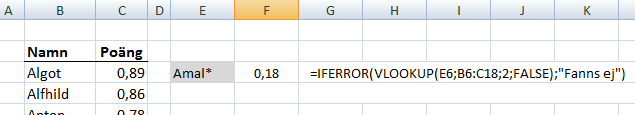 Exempel på användning av s.k. wildcards i formeln VLOOKUP/LETARAD.