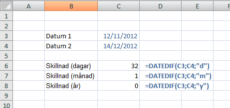 Formeln DATEDIF beräknar skillnaden mellan två datum.