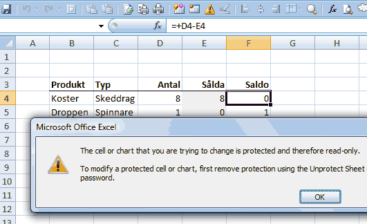 Felmeddelandet som visas vid låsta celler i Excel.