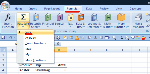 Aktivering av SUMMA-formeln i Excel.