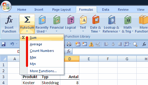 AutoSum i Excel ger dig flera olika beräkningsalternativ.