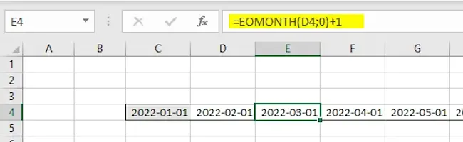 Formeln EOMONTH (SLUTMÅNAD på svenska) skapar en månadsbaserad datumserie i Excel. © ExcelKungen.com