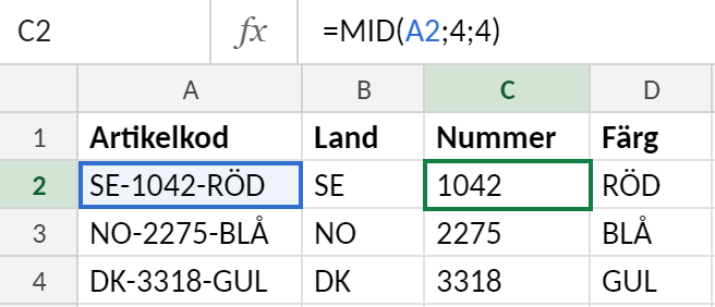 Excel-ark med artikelkoder i kolumn A och formler som delar upp dem i land, nummer och färg. Cell C2 är markerad och innehåller =EXTEXT(A2;4;4).