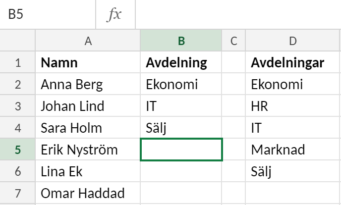 Excelblad med namn i kolumn A och avdelning i kolumn B. Kolumn D innehåller källistan Ekonomi, HR, IT, Marknad och Sälj i D2:D6. Cell B5 är markerad och har en rullgardinsmeny som hämtar sina val från D2:D6.