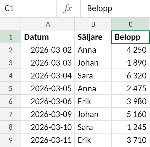 Kalkylblad med en försäljningslista i A1:C9 med kolumnerna Datum, Säljare och Belopp. Cell C1 är aktiv som startpunkt för att markera beloppskolumnen med CTRL+SHIFT+nedåtpil.