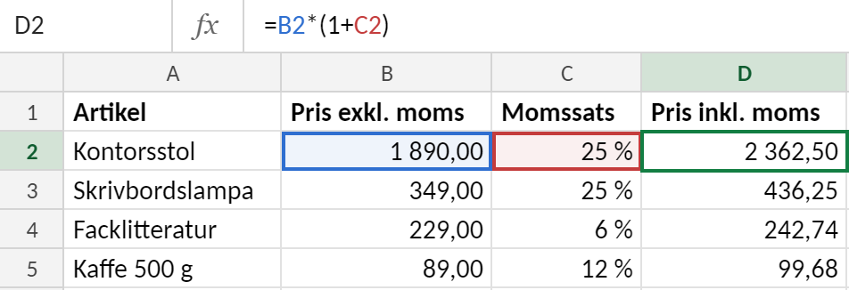 Kalkylblad med artiklar, pris exklusive moms och momssats. Cell D2 innehåller formeln =B2*(1+C2) och visar 2 362,50, samma resultat som den egna funktionen PERSONAL.XLSB!MedMoms(B2;C2) ger.