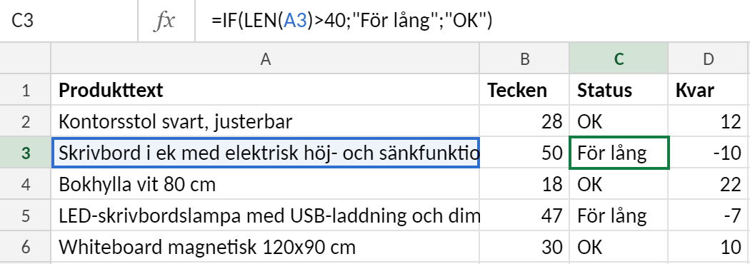 Excelblad med produkttexter i kolumn A, antal tecken i kolumn B, status i kolumn C och återstående tecken i kolumn D. Cell C3 är markerad och innehåller formeln =OM(LÄNGD(A3)>40;"För lång";"OK"), som ger För lång för en text på 50 tecken.