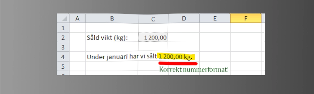 Lär dig hur du använder TEXT-formeln för att få korrekt nummerformat i dina textsträngar.