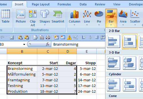 Skapa ett stapeldiagram som grund för ditt Gantt-schema. Skapa ett stapeldiagram som grund för ditt Gantt-schema.