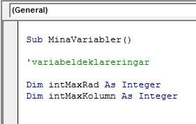 mina-variabler Exempel på en variabeldeklarering i Excel VBA.