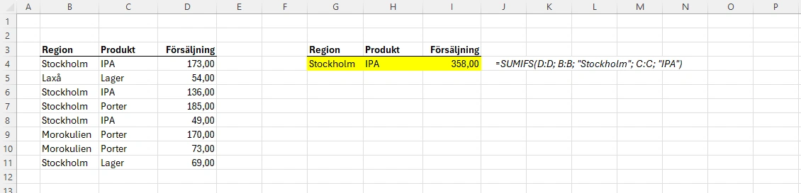 Här summerar vi försäljningen av IPA i regionen Stockholm med hjälp av SUMIFS-funktionen i Excel.